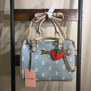Juicy Couture Denim Davis Satchel Blue Monogram Strawberry Charm Crossbody Bag